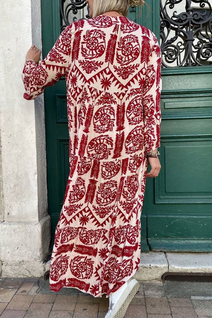 Casual Vintage Geometric Print Patchwork V Neck Printed Dresses