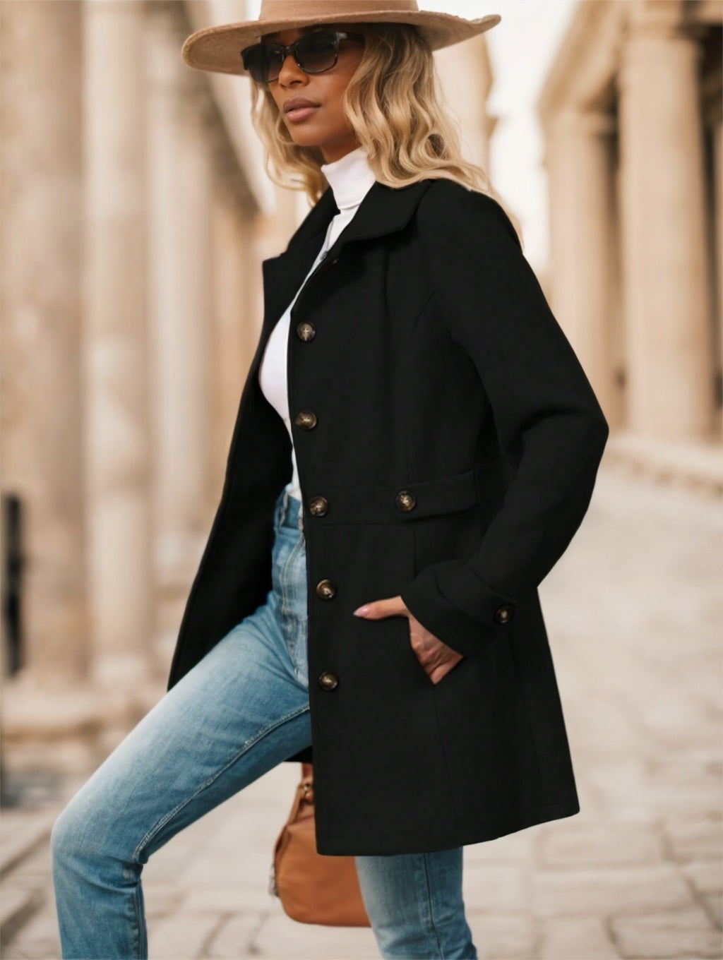 Women's Single-Breasted Solid Color Woolen Coat