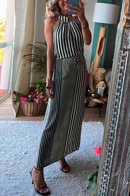 Amsoin Halter Sleeveless Waisted Striped Maxi Dress