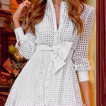 White Mesh Long Sleeve Fitted Waist Shirt Dress