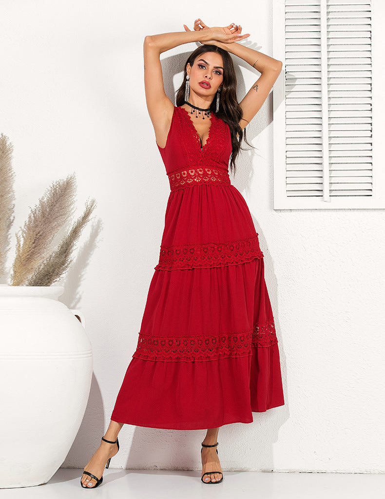 Amsoin Lace Swing Sleeveless Chiffon Dress