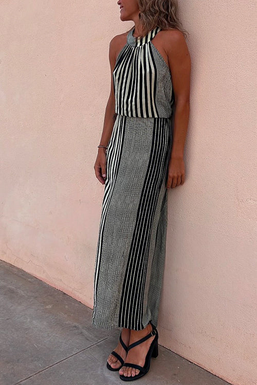 Amsoin Halter Sleeveless Waisted Striped Maxi Dress