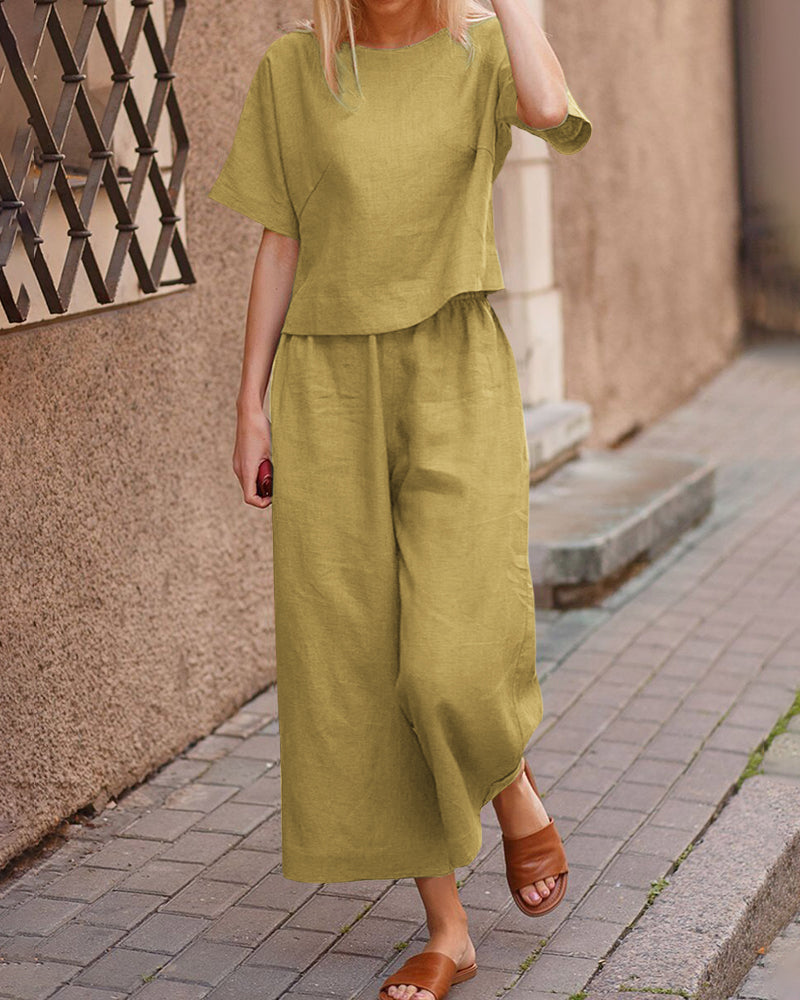 Short Sleeve Tops And Long Wide Leg Pants Casual Loose Fit Two Piece Loungewear Sets