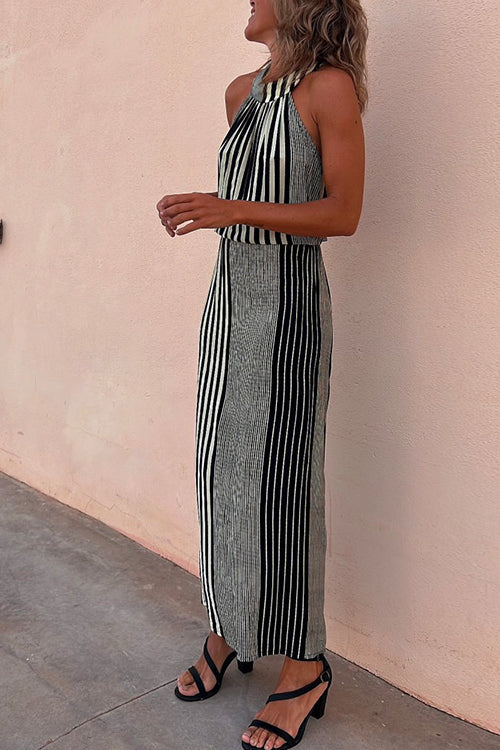 Amsoin Halter Sleeveless Waisted Striped Maxi Dress