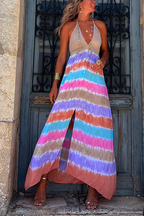 Amsoin Halter Deep V Neck Slit Tie Dye Maxi Cami Dress