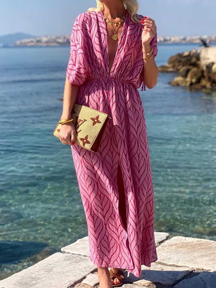 Amsoin Printed Drawstring Design Beach Maxi Dress