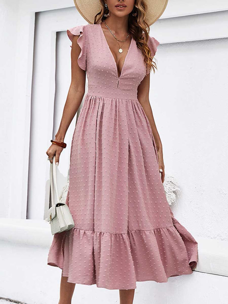 Amsoin Dot Butterfly Sleeve Ruffle Hem Dress