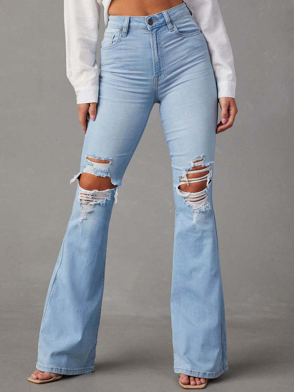 Amsoin Women's Washed Ripped High-waisted wide-leg Jeans