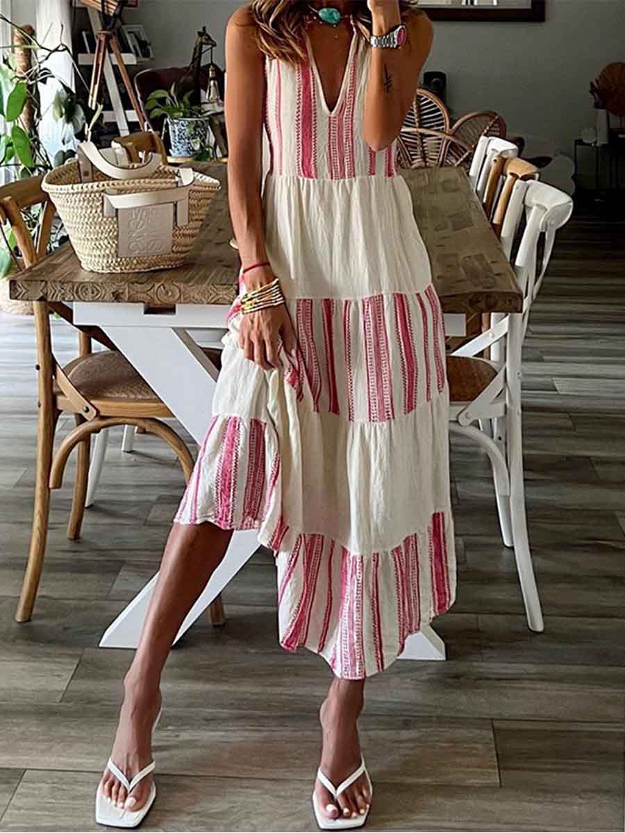 Amsoin Striped Print V-Neck Sleeveless Maxi Dress
