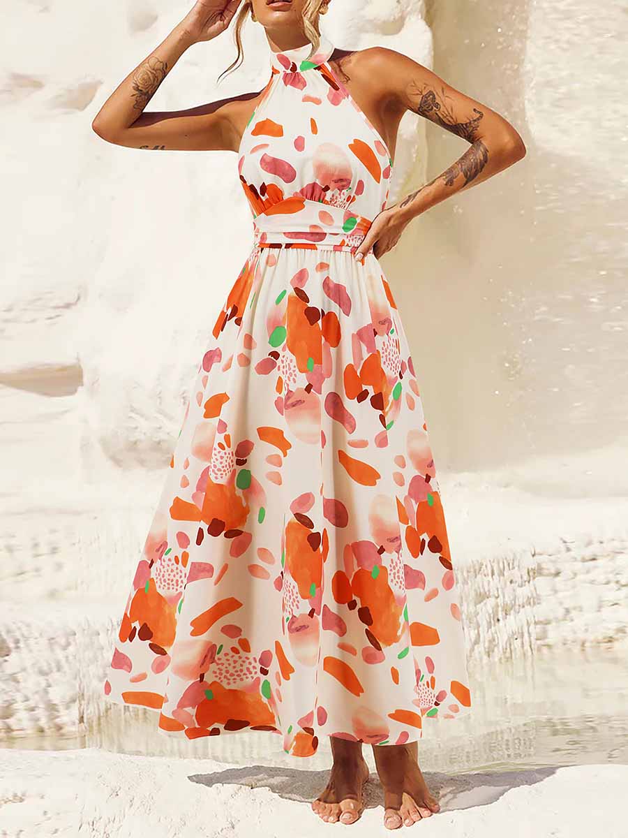 Stand Collar Sleeveless Printed Dress Women