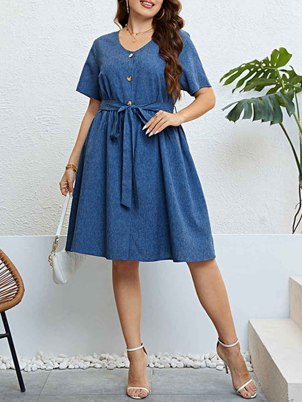 Summer Blue Denim Lace-up Waist-controlled Dress