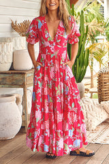 Amsoin V Neck Button Up Floral Print Flowy Maxi Dress