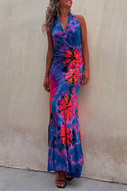 Amsoin Cross V Neck Sleeveless Tie Dye Maxi Holiday Dress