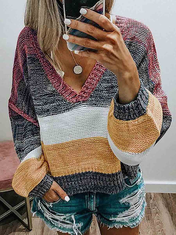 Amsoin Color Block Patchwork V Neck Sweaters(4 Colors)