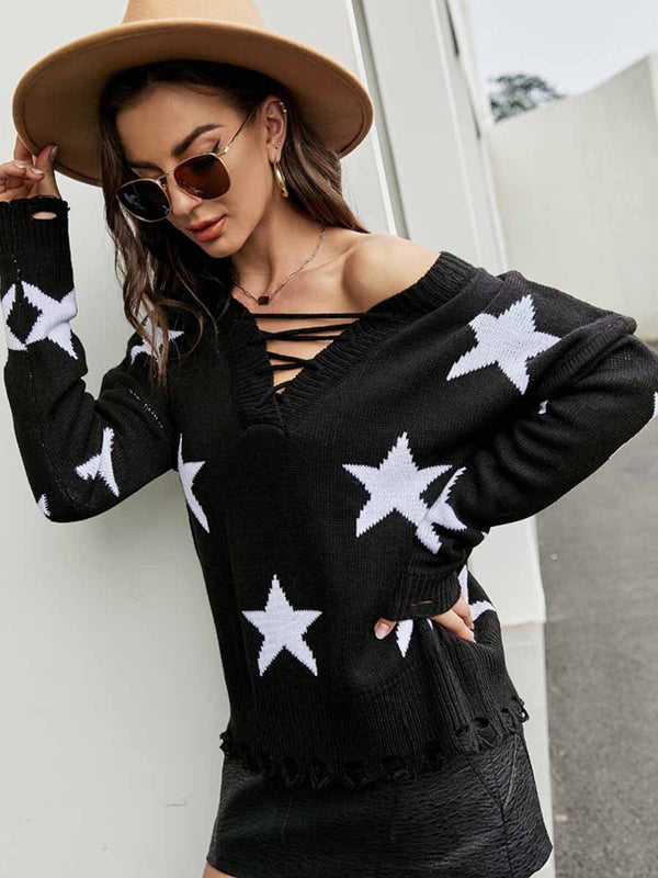 Amsoin Star Jacquard Drawstring Pullover Sweater