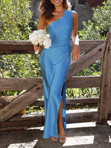 Amsoin One-Shoulder Slit Midi Satin Bodycon Dress
