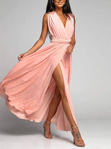 Amsoin V Neck Sleeveless Back Criss Cross High Slit Maxi Party Dress