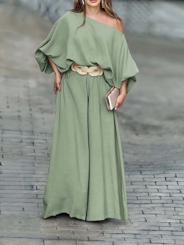 Amsoin Skew Neck Lantern Sleeve Top & Wide Leg Pants Set