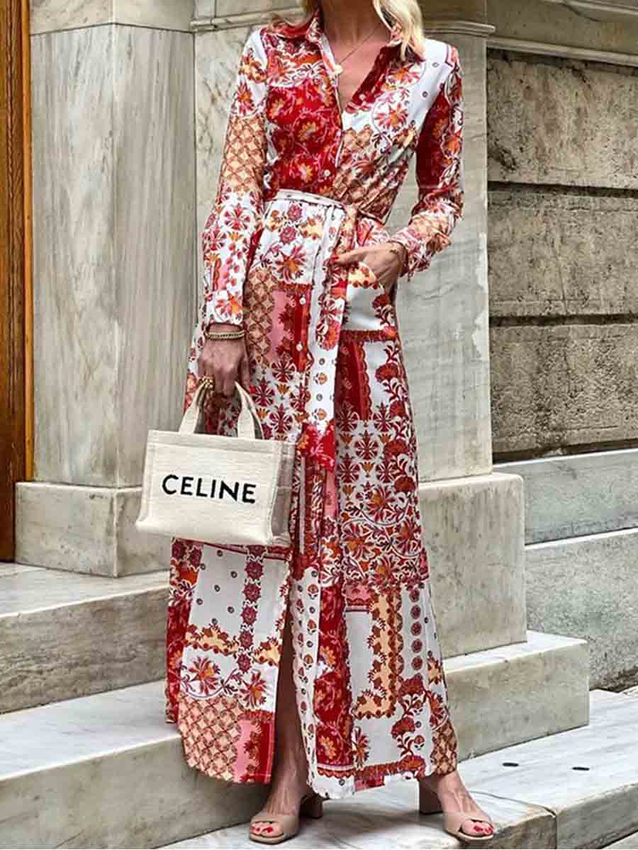 Amsoin Floral Geometric Print Single Breasted Lace Up Pocket Maxi Dress