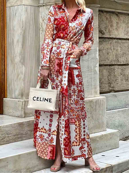Amsoin Floral Geometric Print Single Breasted Lace Up Pocket Maxi Dress