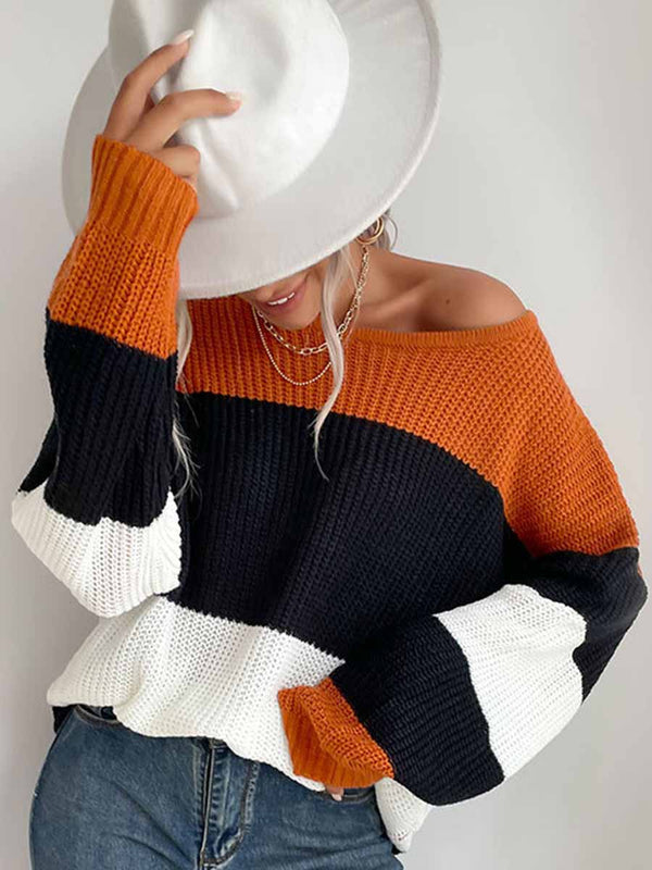 Autumn New Striped Contrast Color Knitwear Round Neck Loose Sweater
