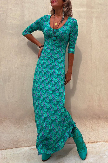 Amsoin Scoop Neck 3/4 Sleeve Maxi Floral Dress