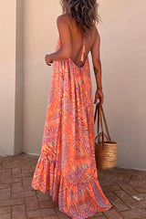 AmsoinHalter Backless Printed Maxi Ruffle Swing Dress