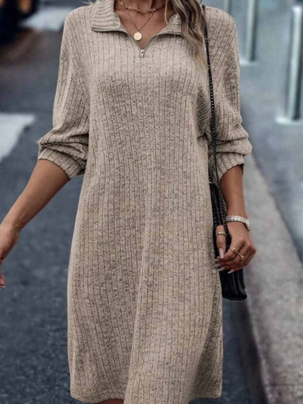 Amsoin Casual Long Sleeve V-neck Zipper Knit Dress