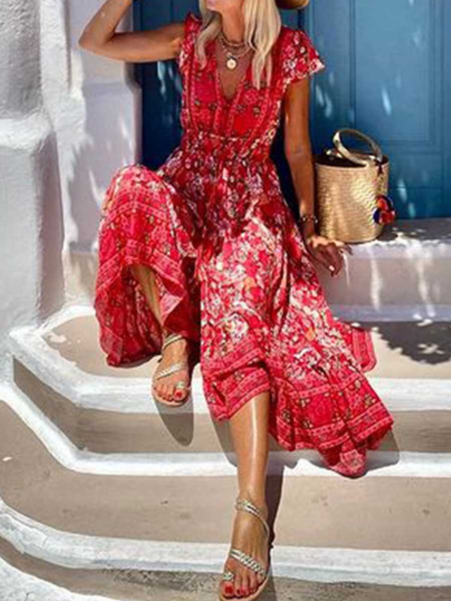 Amsoin Boho Print Ruffle Sleeve Elastic Waist High-low Midi Dress