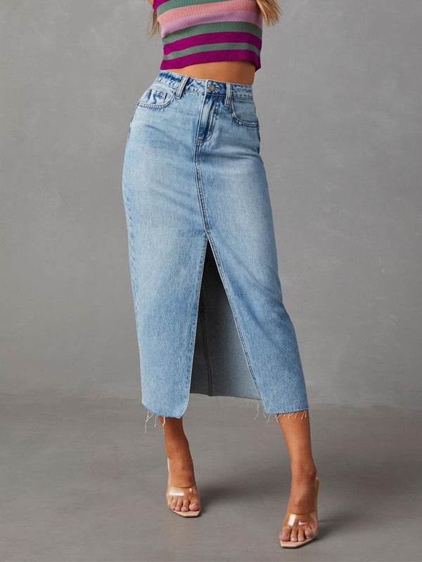 Amsoin High Waist Washed Denim Slit Midi Pencil Skirt