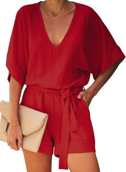 Casual Solid Color And V-neck Lace-up Short-sleeved Jumpsuit Shorts