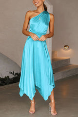 Amsoin One Shoulder Sleeveless Waisted Swing Dress