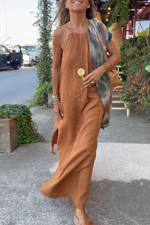 Amsoin Halter Sleeveless Cotton Linen Beach Dress