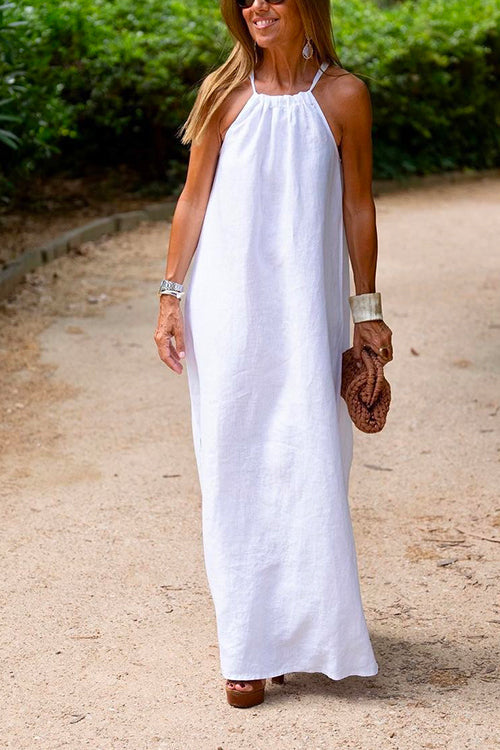Amsoin Halter Sleeveless Cotton Linen Beach Dress