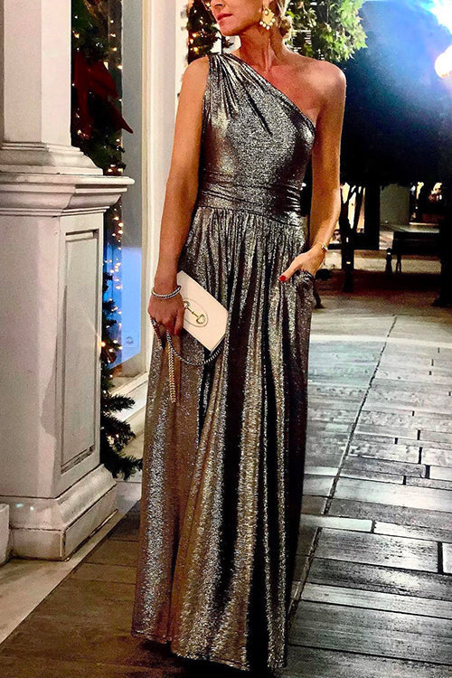 Amsoin One Shoulder Sleeveless Waisted Swing Party Dress with Pockets