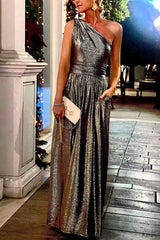 Amsoin One Shoulder Sleeveless Waisted Swing Party Dress with Pockets