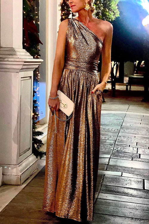 Amsoin One Shoulder Sleeveless Waisted Swing Party Dress with Pockets