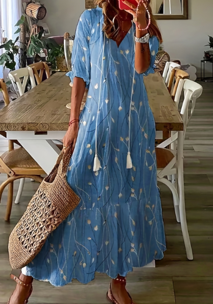 Amsoin Loose Bohemian Printed V-neck Maxi Dress