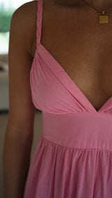 Amsoin Solid Color V-neck Suspender Stitching Large Swing Long Dress