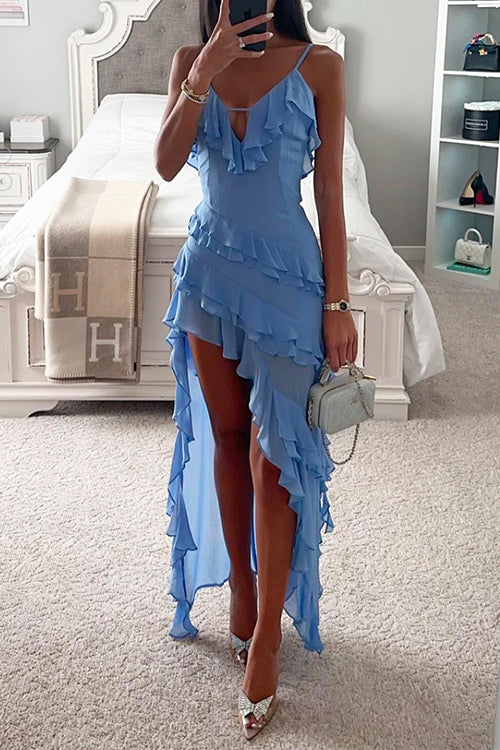 Amsoin V Neck Ruffle Trim High Low Hem Party Cami Dress