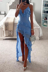 Amsoin V Neck Ruffle Trim High Low Hem Party Cami Dress