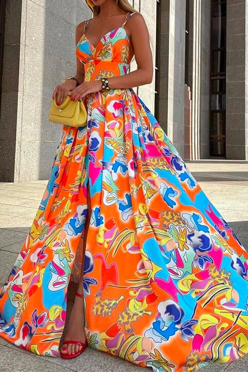 Amsoin Printed V Neck High Waist Slit Maxi Swing Cami Party Dress