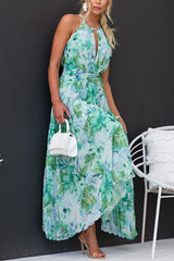Amsoin Floral Cutout Neck Pleated Midi Dress