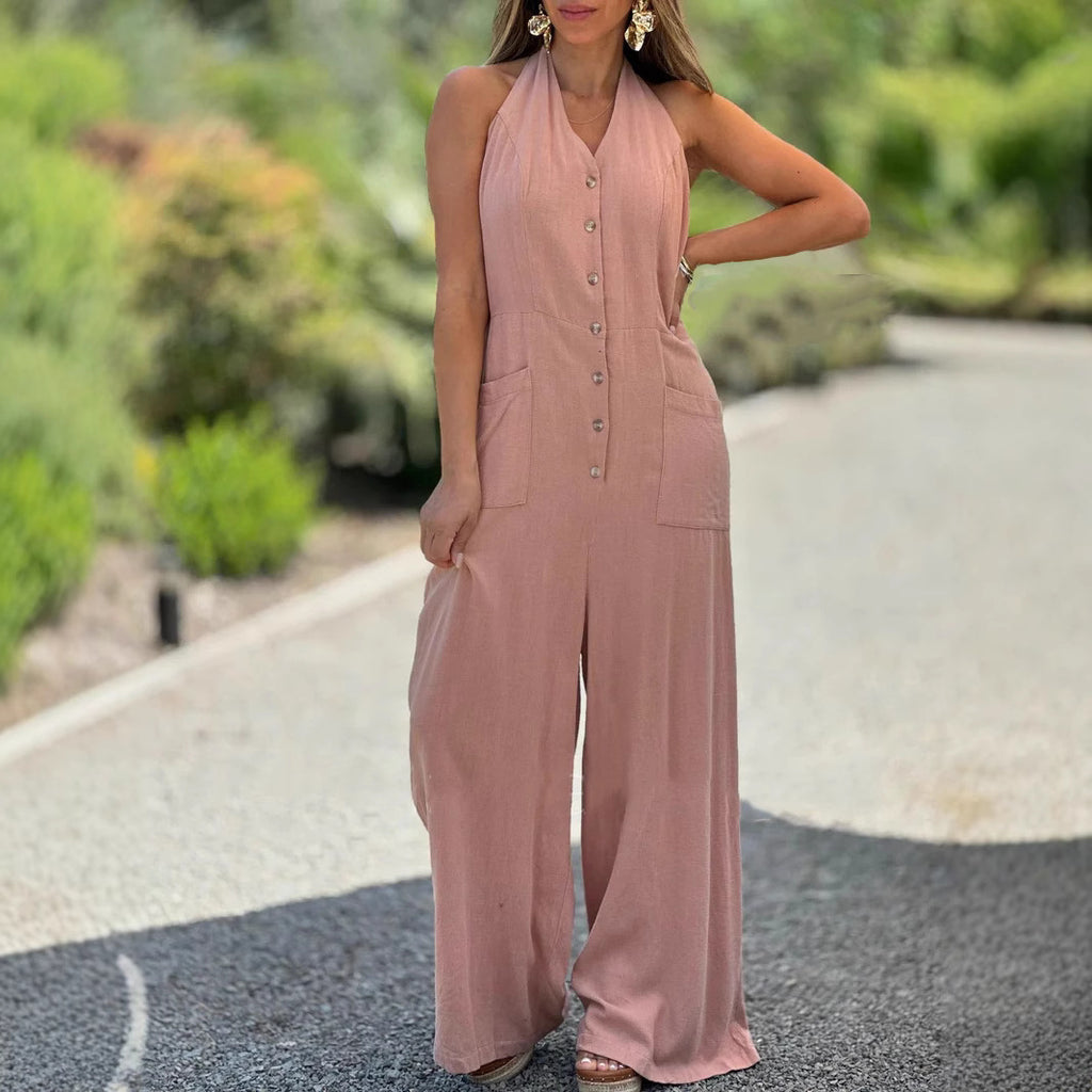 Backless Sleeveless Loose Cotton Linen Jumpsuit