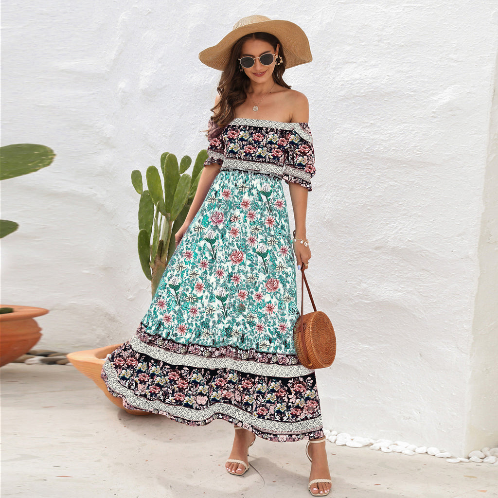 Amsoin Bohemian Beach Holiday Off-shoulder Puff Sleeve Dress