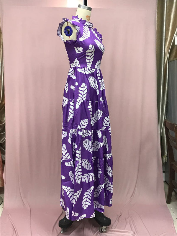 Violet Print Sleeveless Waist-controlled Large Hem Dress