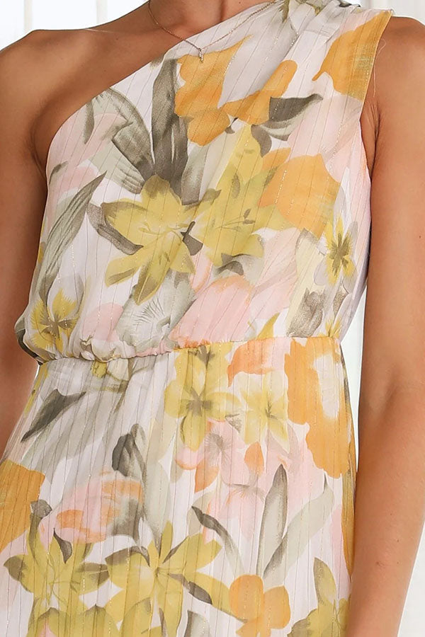 Amsoin Floral One Shoulder Elastic Waist Pleated Maxi Dress