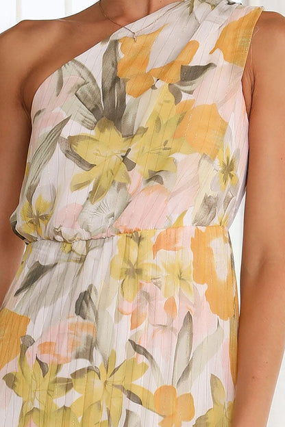 Amsoin Floral One Shoulder Elastic Waist Pleated Maxi Dress