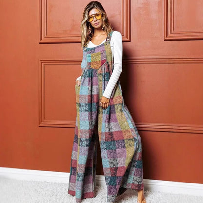 Women's Multi-color Plush Plaid Wide-leg jumpsuit