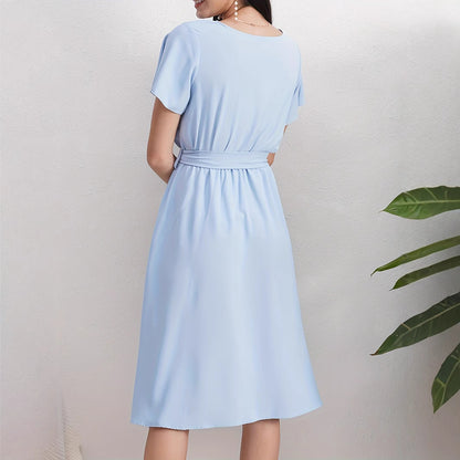 Short Sleeve Cross Collar Belt Solid Color Dress